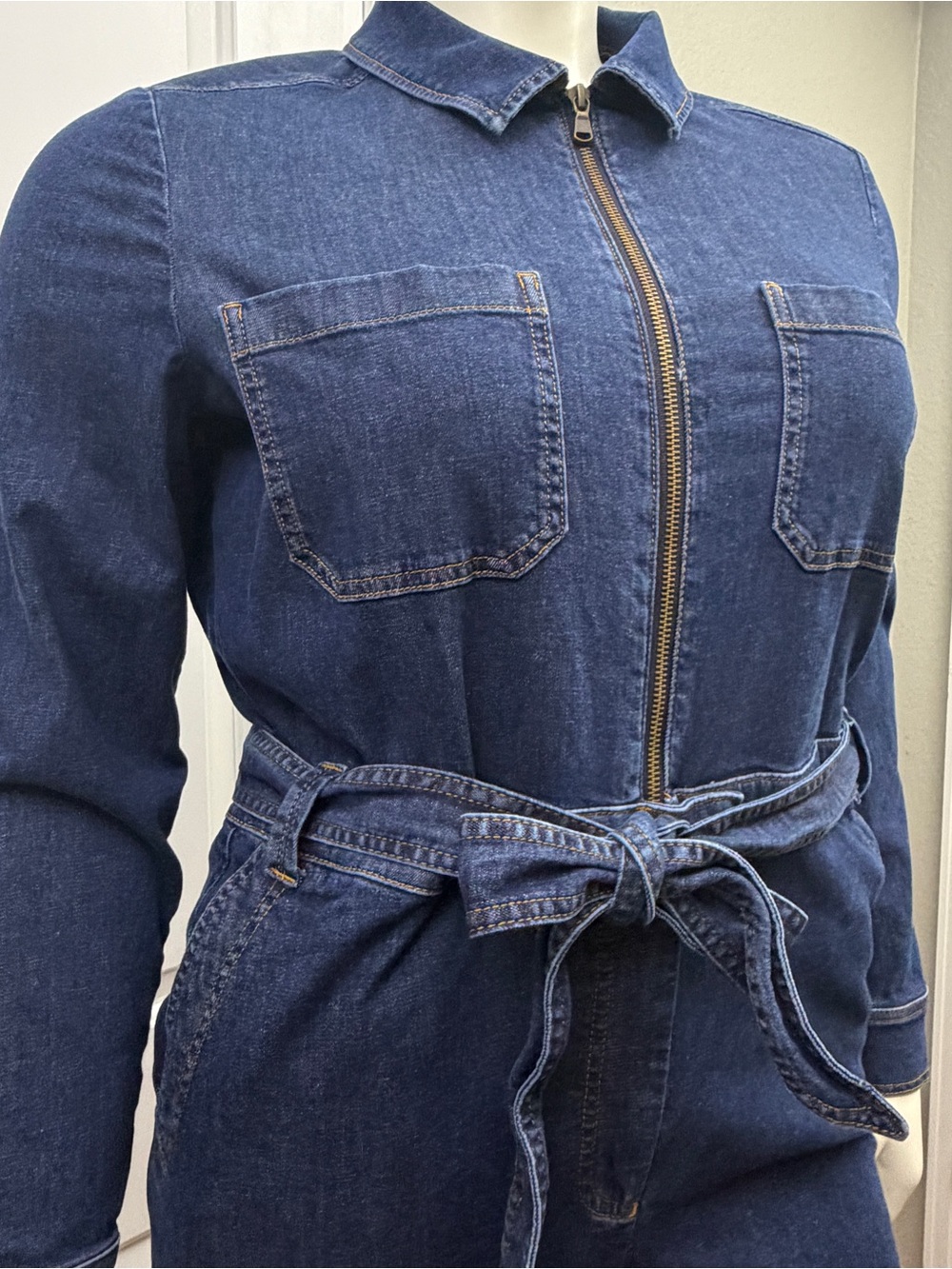 Boden Dark Blue Denim Zip-Front Jumpsuit with Tie Belt - Size 14